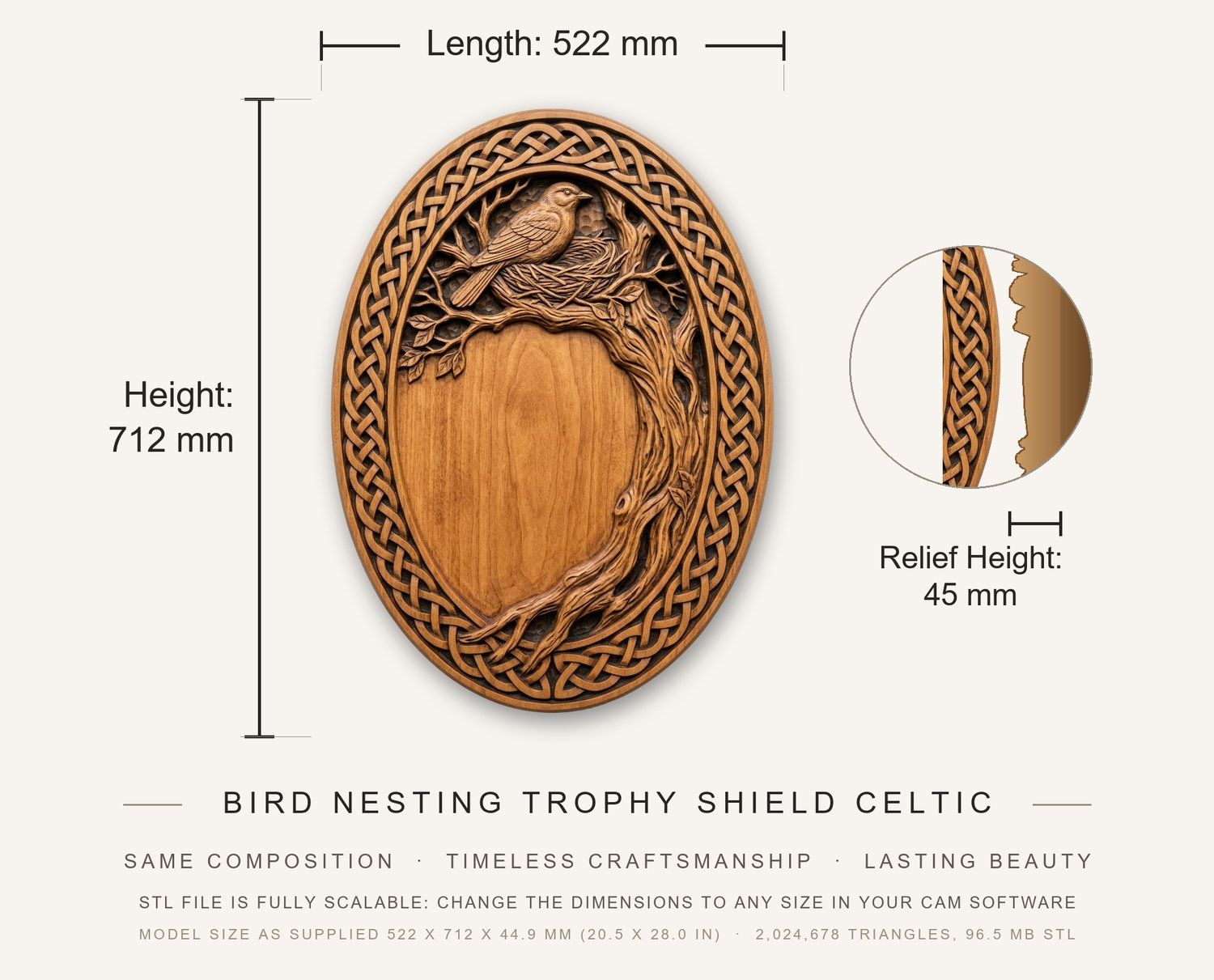 Bird Nesting Trophy Shield Celtic Knotwork Border CNC Relief STL bas-relief STL — view 3