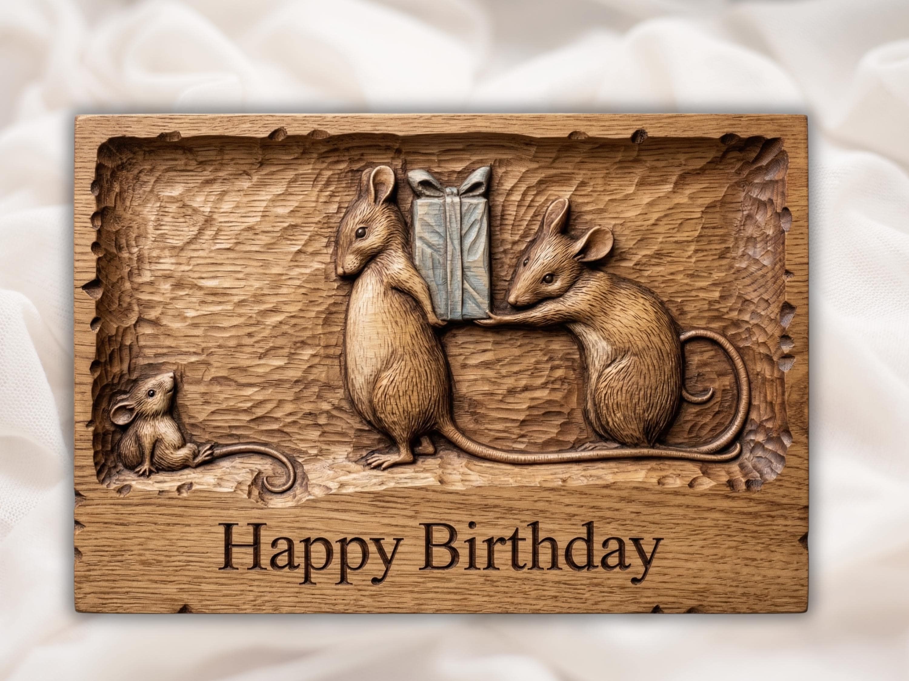 Carved wood relief of two mice holding a wrapped gift above a Happy Birthday banner