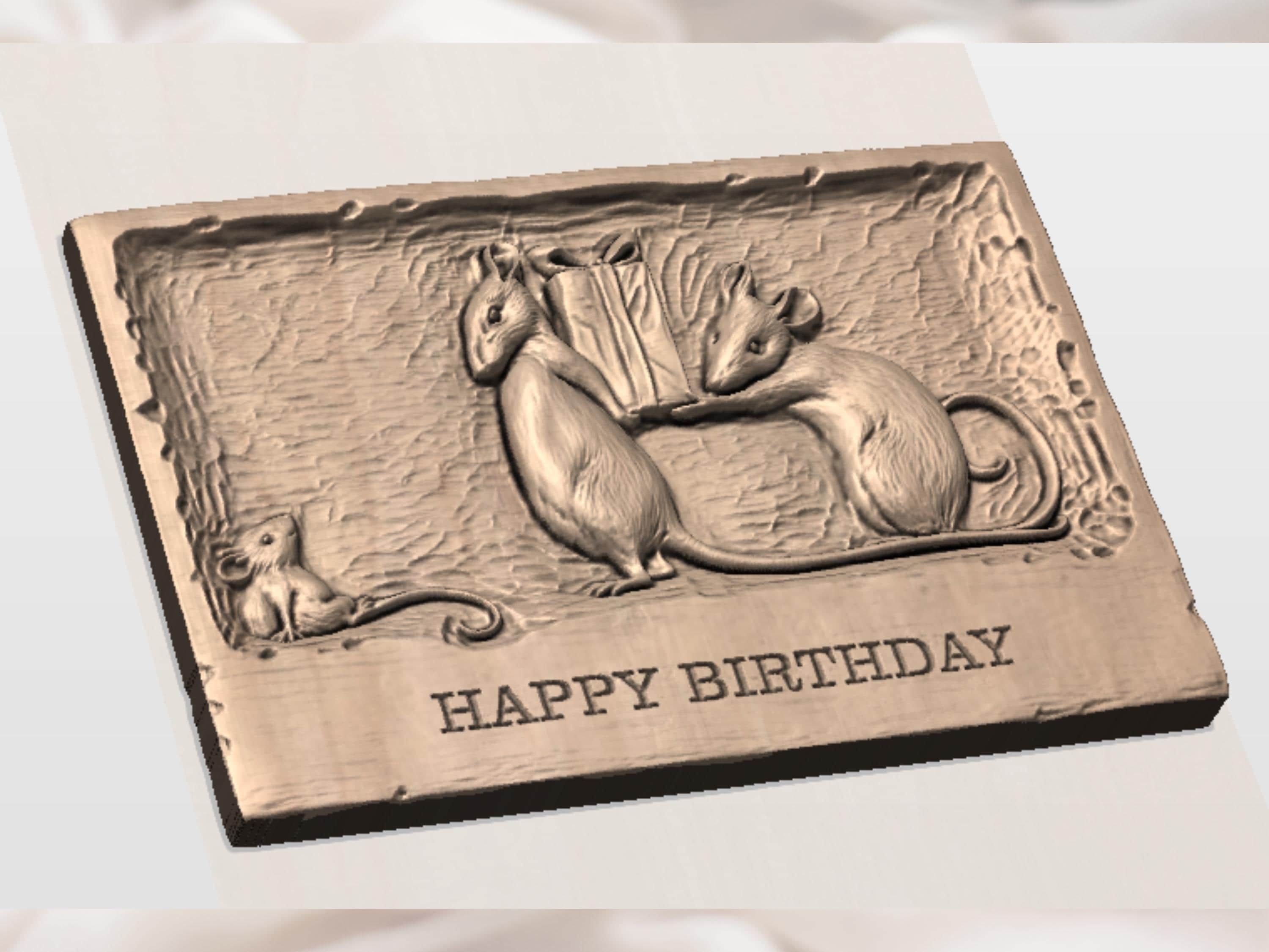 Two Mice and a Wrapped Gift Happy Birthday Relief bas-relief STL — view 2