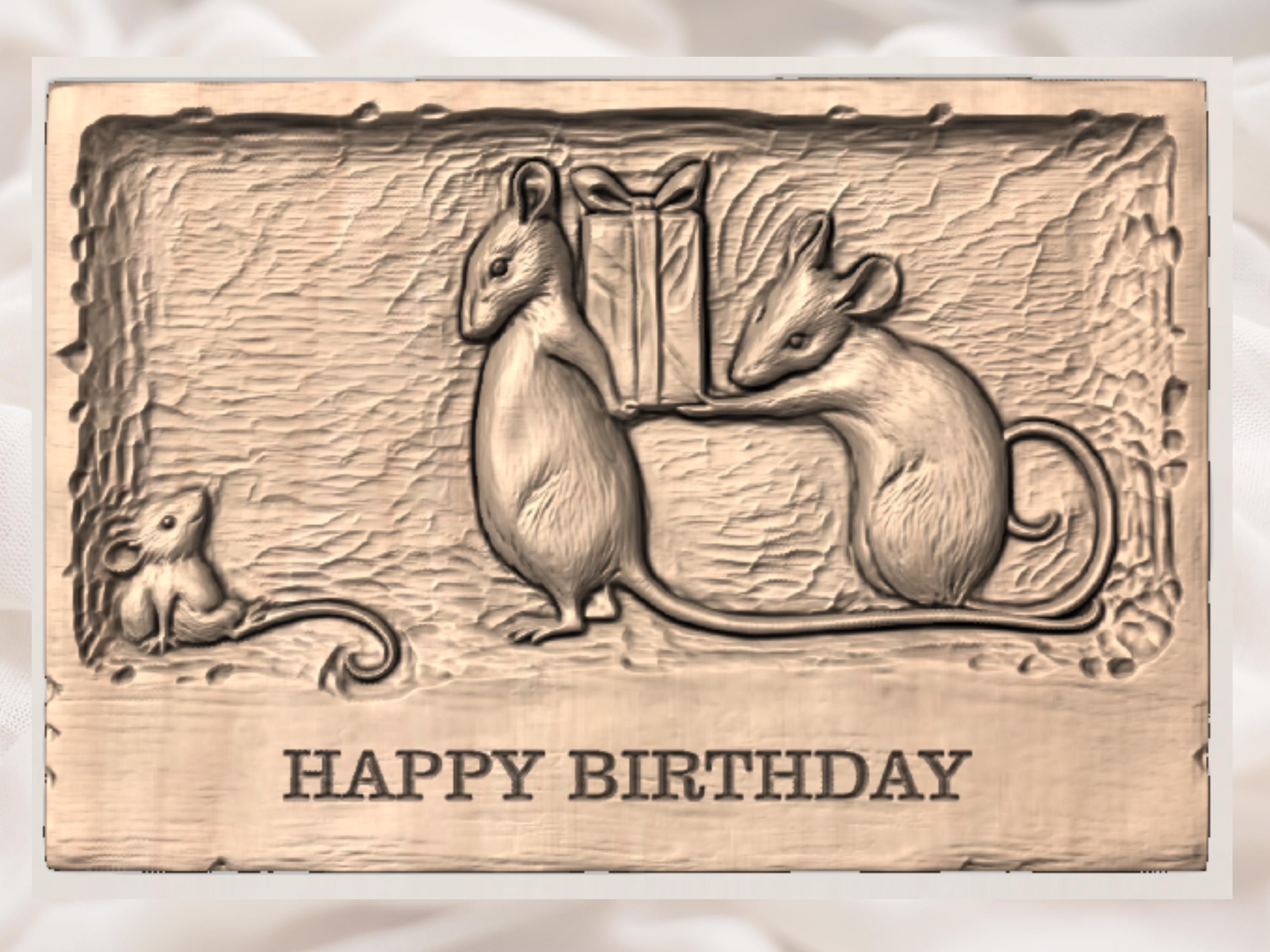 Two Mice and a Wrapped Gift Happy Birthday Relief bas-relief STL — view 3