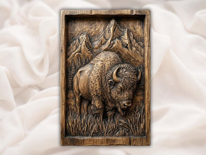 Carved wood bas-relief of an American bison standing in grass with pine trees and mountain peaks behind it