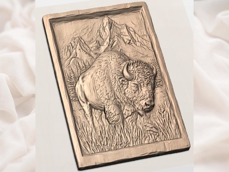 American Bison Relief STL with Rocky Mountain Backdrop bas-relief STL — view 2