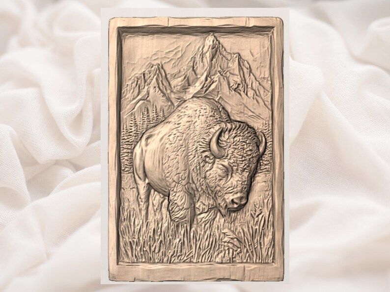 American Bison Relief STL with Rocky Mountain Backdrop bas-relief STL — view 3
