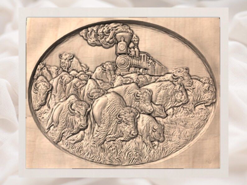 Bison Herd and Steam Train Oval Bas-Relief STL Carving bas-relief STL — view 2