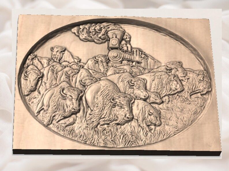Bison Herd and Steam Train Oval Bas-Relief STL Carving bas-relief STL — view 3