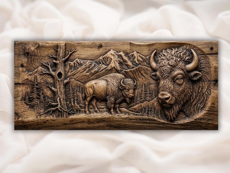Bas-relief wood carving of a large bison head with a buffalo, pine forest, dead tree, and mountain peaks