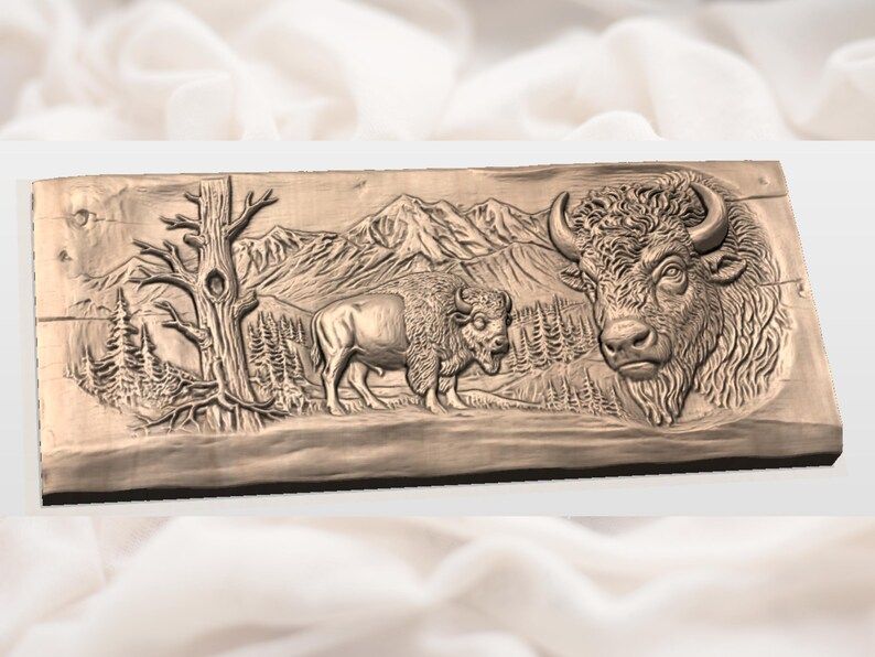 Bison and Mountain Wilderness Bas-Relief Carving STL bas-relief STL — view 2