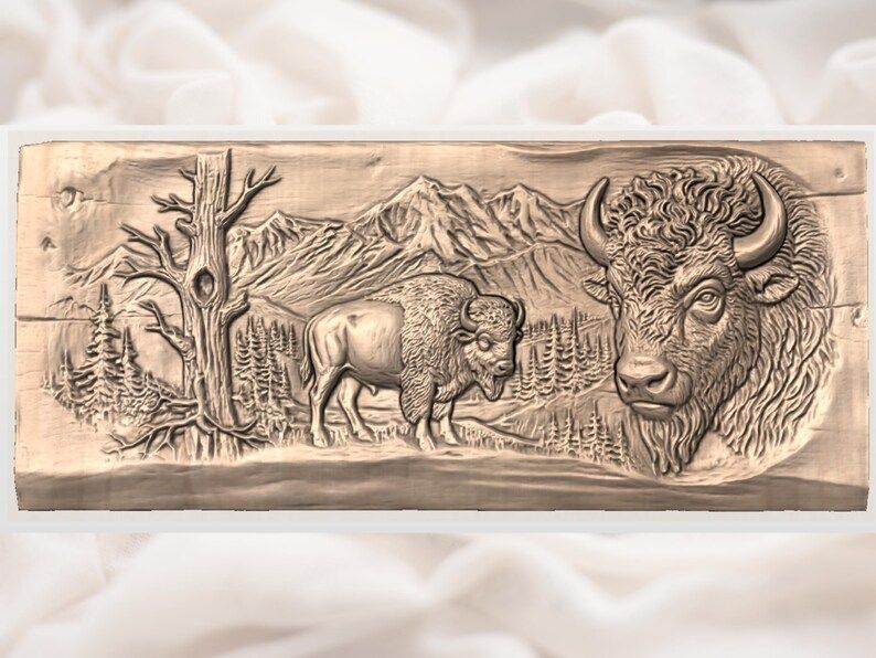 Bison and Mountain Wilderness Bas-Relief Carving STL bas-relief STL — view 3