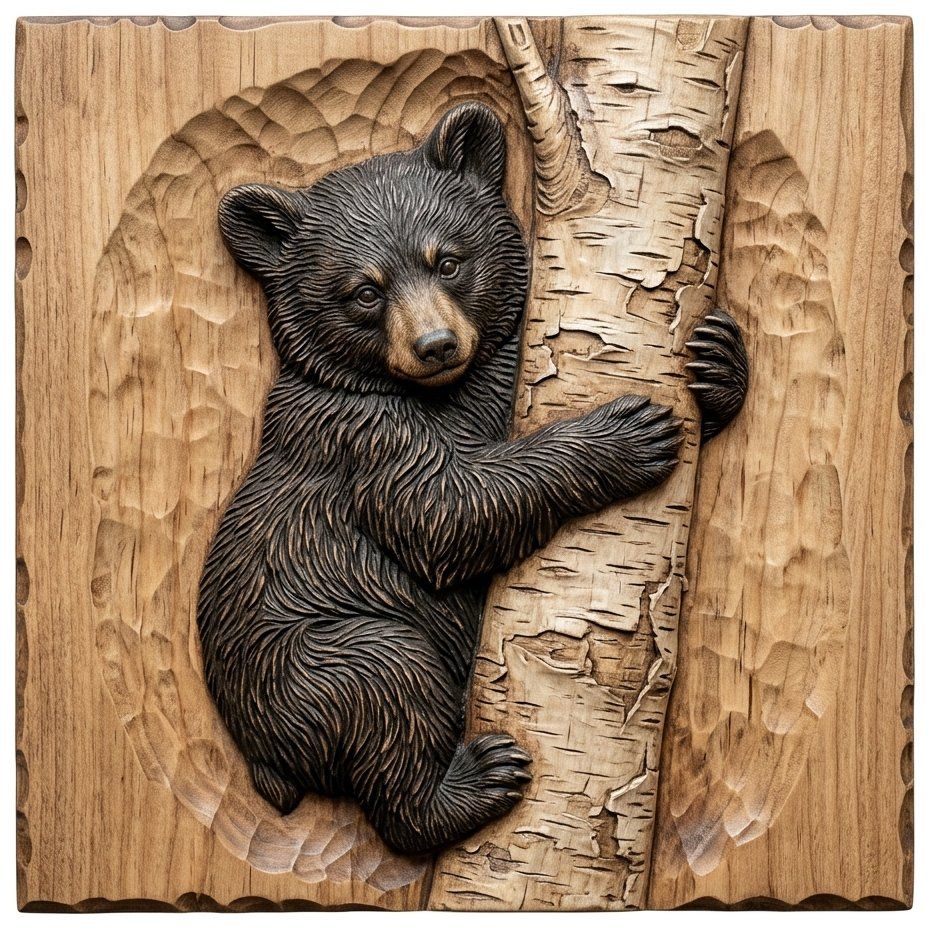 Black Bear Cub Climbing Birch Tree Relief | Rustic Wildlife Wall Art Panel | Forest Nature Home Decor | Aspire VCarve Wood Carving Design — carved bas relief STL file for CNC