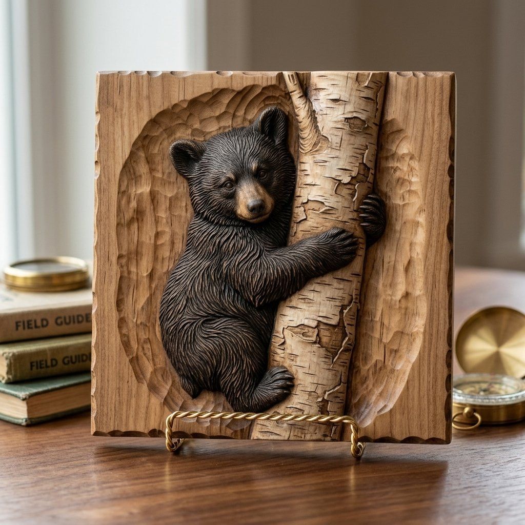 Black Bear Cub Climbing Birch Tree Relief bas-relief STL — view 10