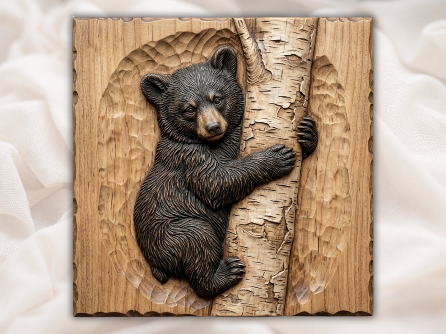 Black Bear Cub Climbing Birch Tree Relief bas-relief STL — view 2