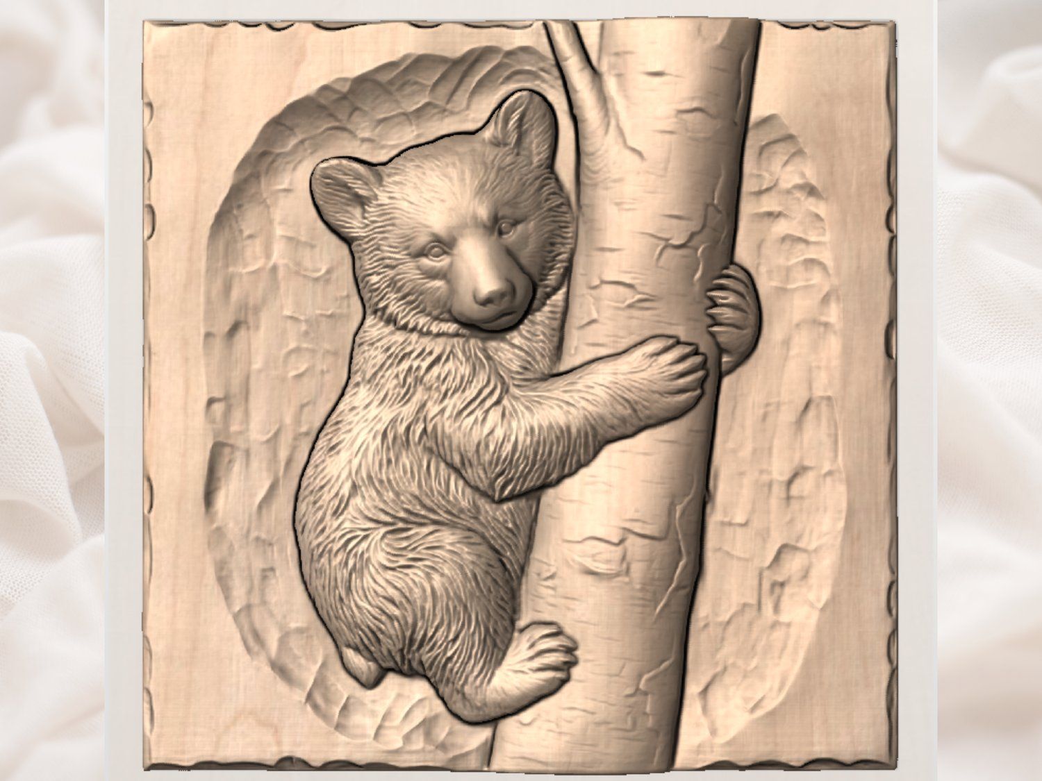 Black Bear Cub Climbing Birch Tree Relief bas-relief STL — view 3