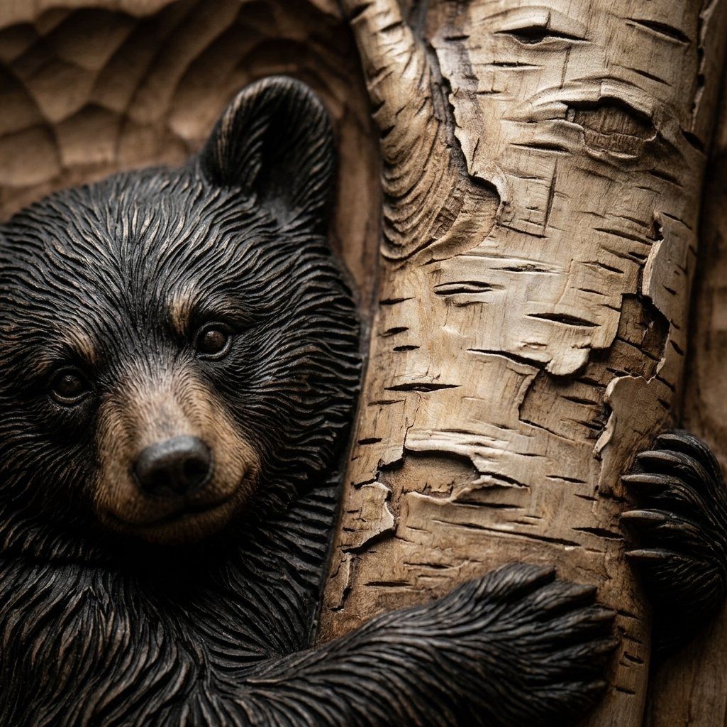 Black Bear Cub Climbing Birch Tree Relief bas-relief STL — view 8