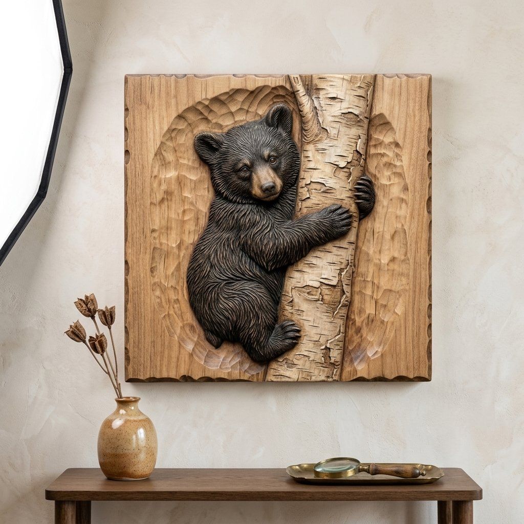 Black Bear Cub Climbing Birch Tree Relief bas-relief STL — view 9