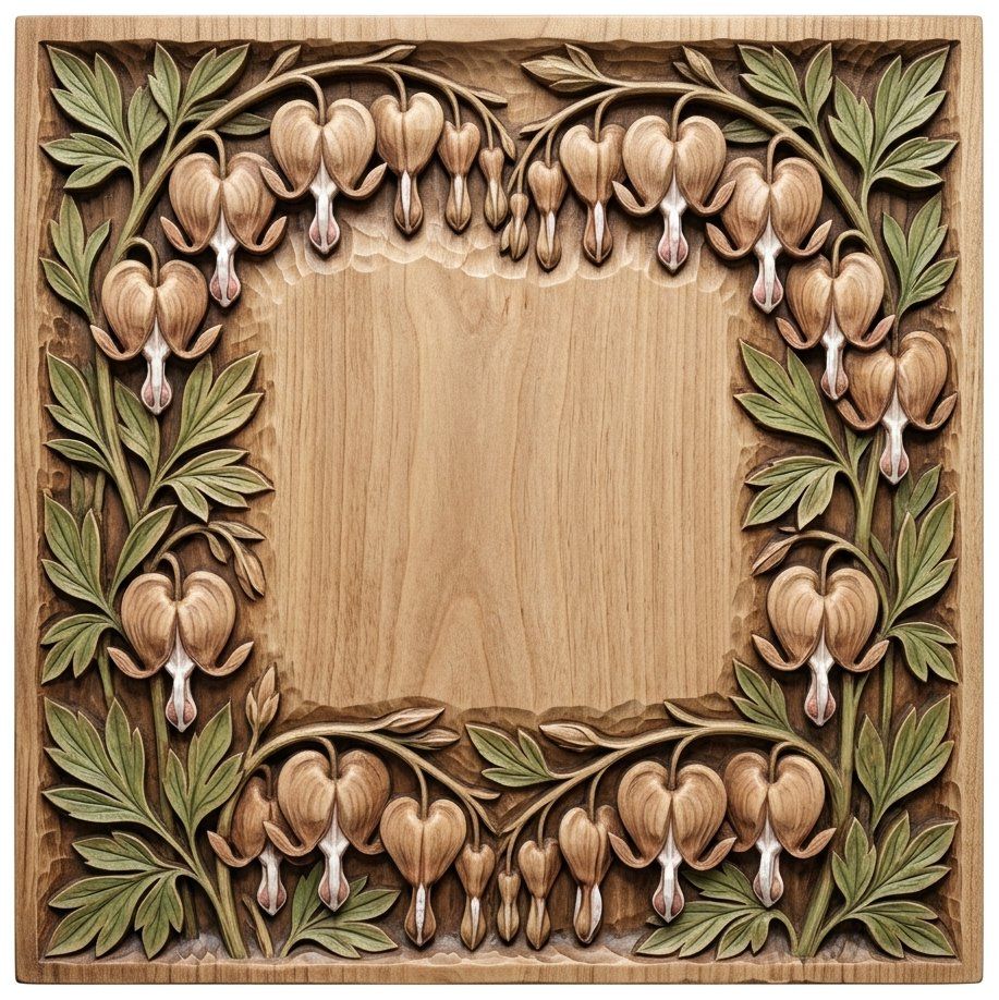 Bleeding Heart Flower Floral Frame CNC Relief STL | Botanical Border Wall Art Panel | Romantic Heart Wood Carving Design — carved bas relief STL file for CNC