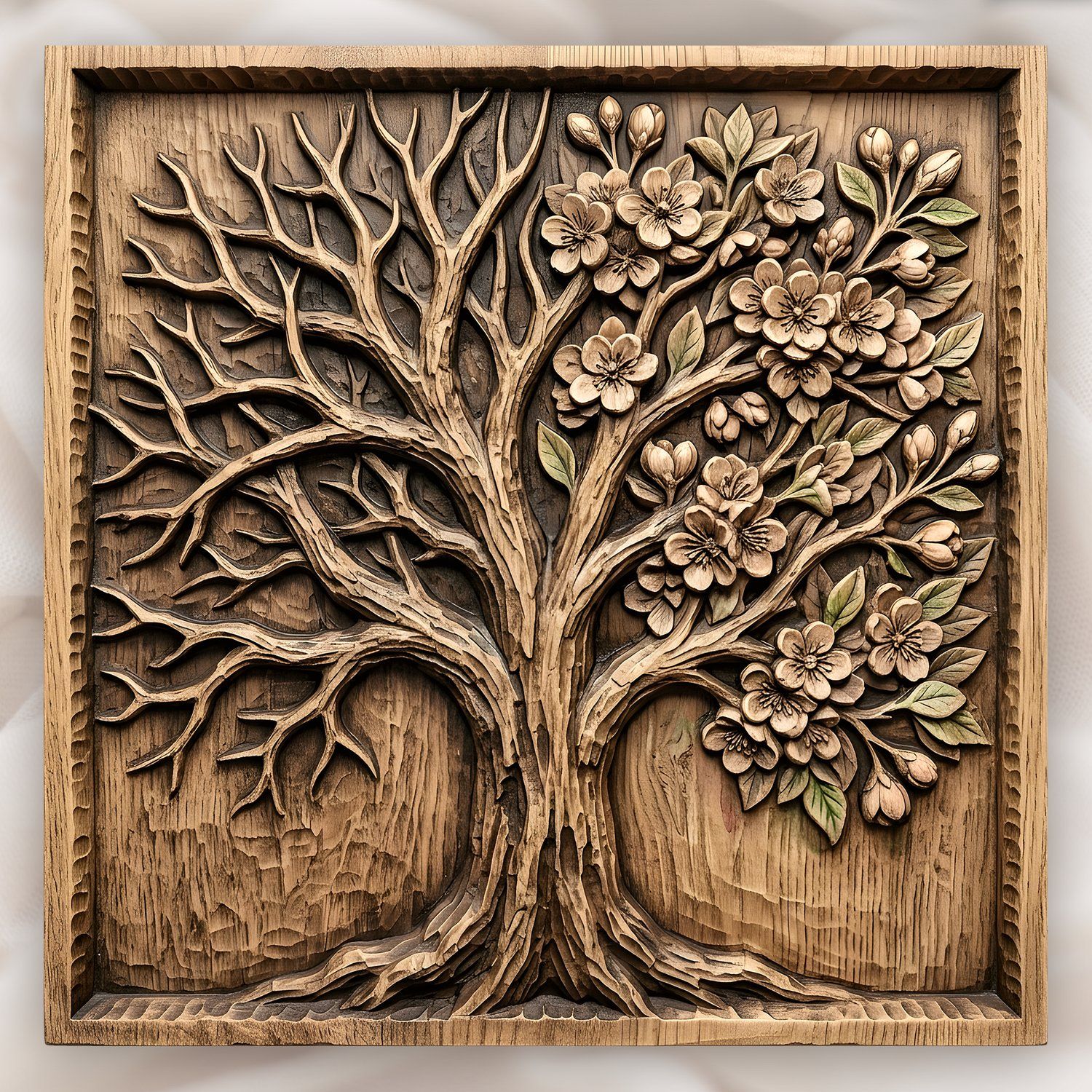 Blooming Cherry Blossom Tree Of Life CNC Relief STL | Spring Nature Wood Carving | Floral Wall Art Decor Panel | Artisan Router Design — carved bas relief STL file for CNC
