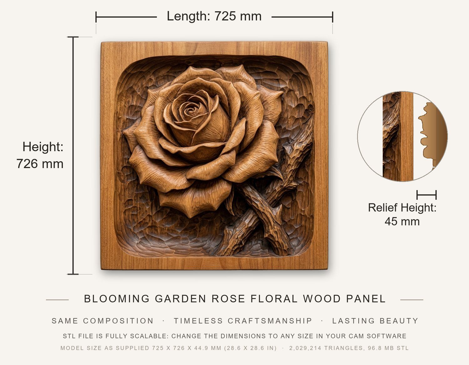 Blooming Garden Rose Floral Wood Panel CNC Relief STL bas-relief STL — view 3