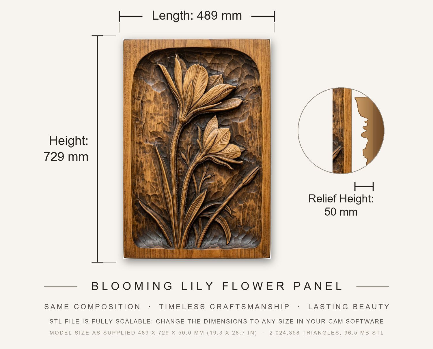Blooming Lily Flower Panel CNC Relief STL bas-relief STL — view 3