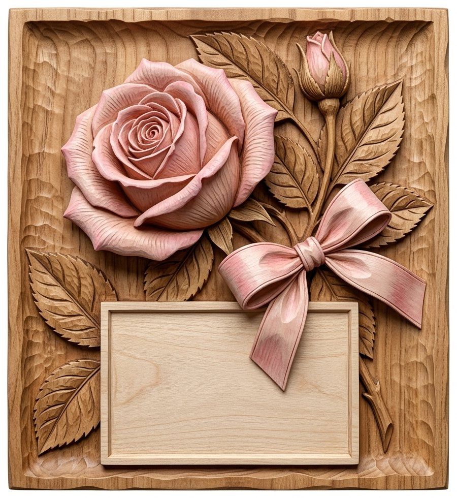 Blooming Rose Floral Plaque CNC Relief STL | Custom Sign Wood Carving Design | Personalized Anniversary Wall Art Panel | VCarve Aspire — carved bas relief STL file for CNC