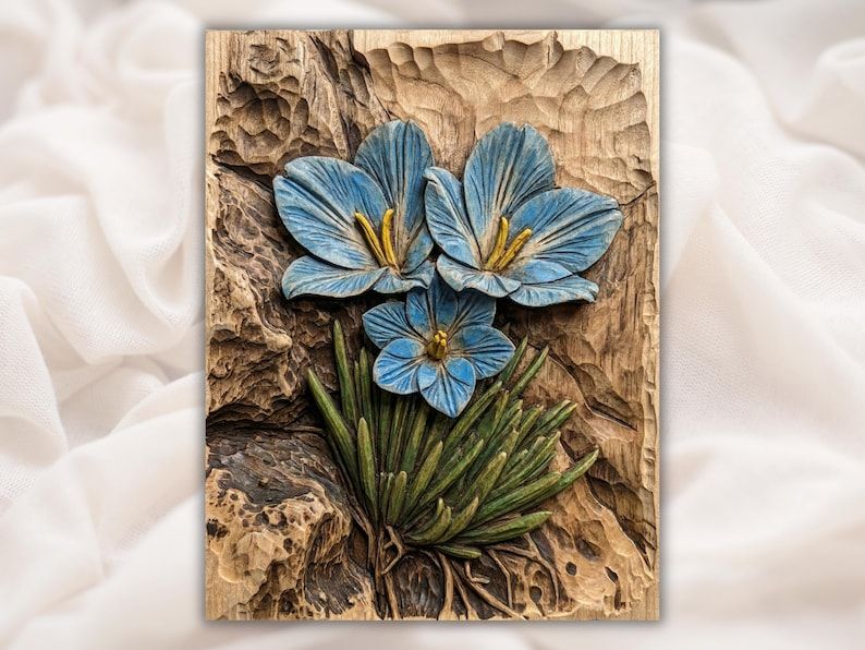 Bas-relief carving of three blue crocus flowers with green leaves on a rough wood-grain background.