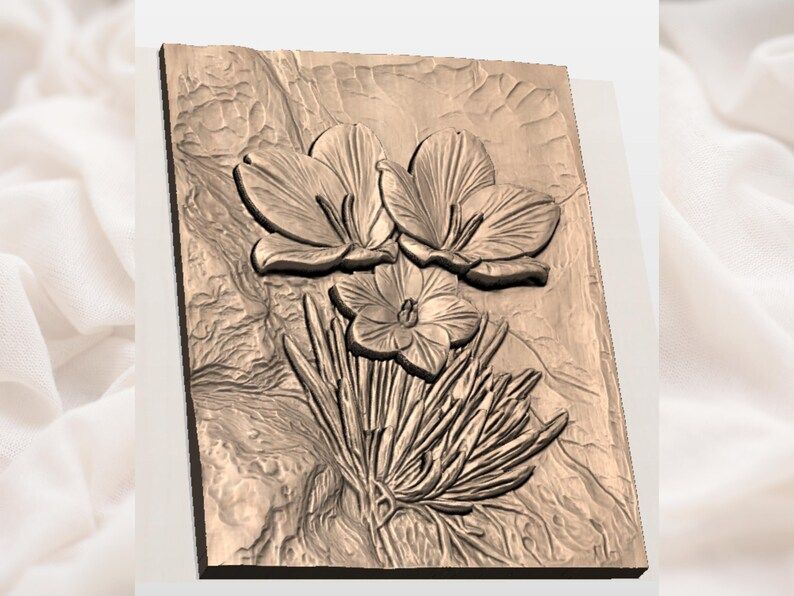 Blue Crocus Trio Bas-Relief STL with Carved Wood-Grain Backdrop bas-relief STL — view 2