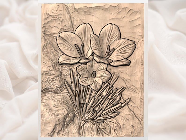 Blue Crocus Trio Bas-Relief STL with Carved Wood-Grain Backdrop bas-relief STL — view 3