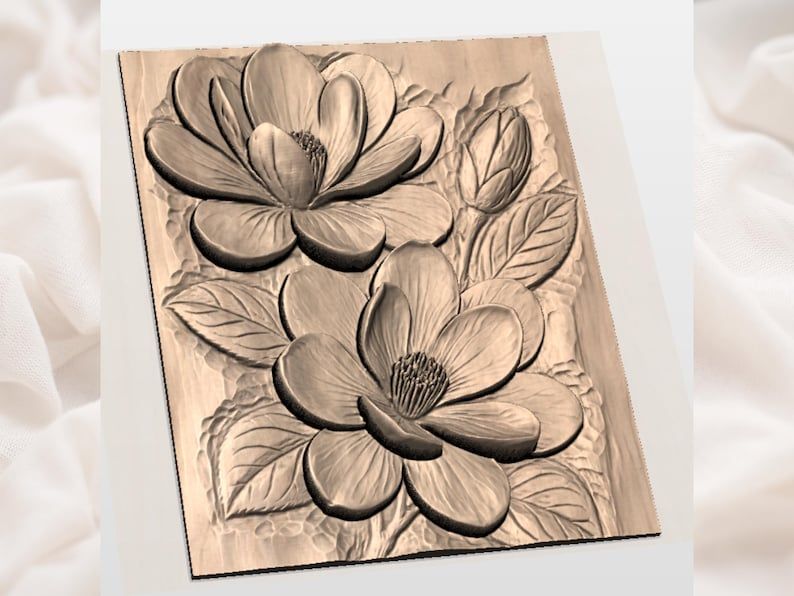 Blue Magnolia Blossoms Bas-Relief STL for CNC Carving bas-relief STL — view 2