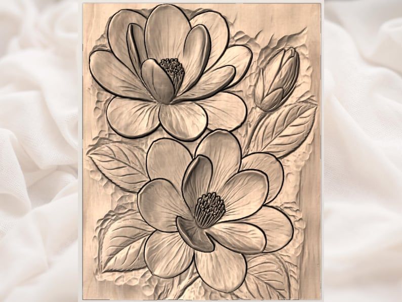 Blue Magnolia Blossoms Bas-Relief STL for CNC Carving bas-relief STL — view 3