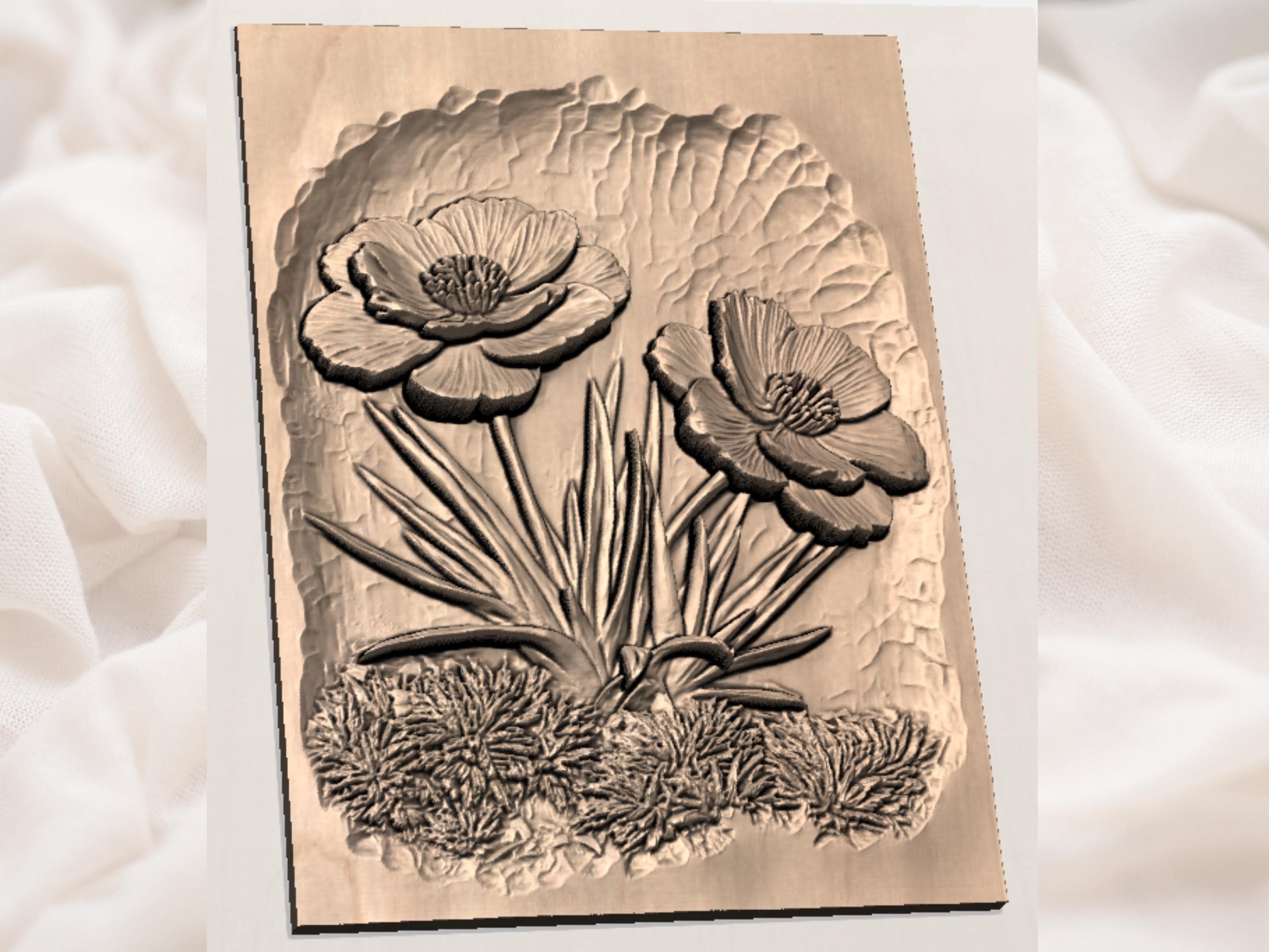 Blue Anemone Wildflowers Bas-Relief STL for CNC Carving bas-relief STL — view 2