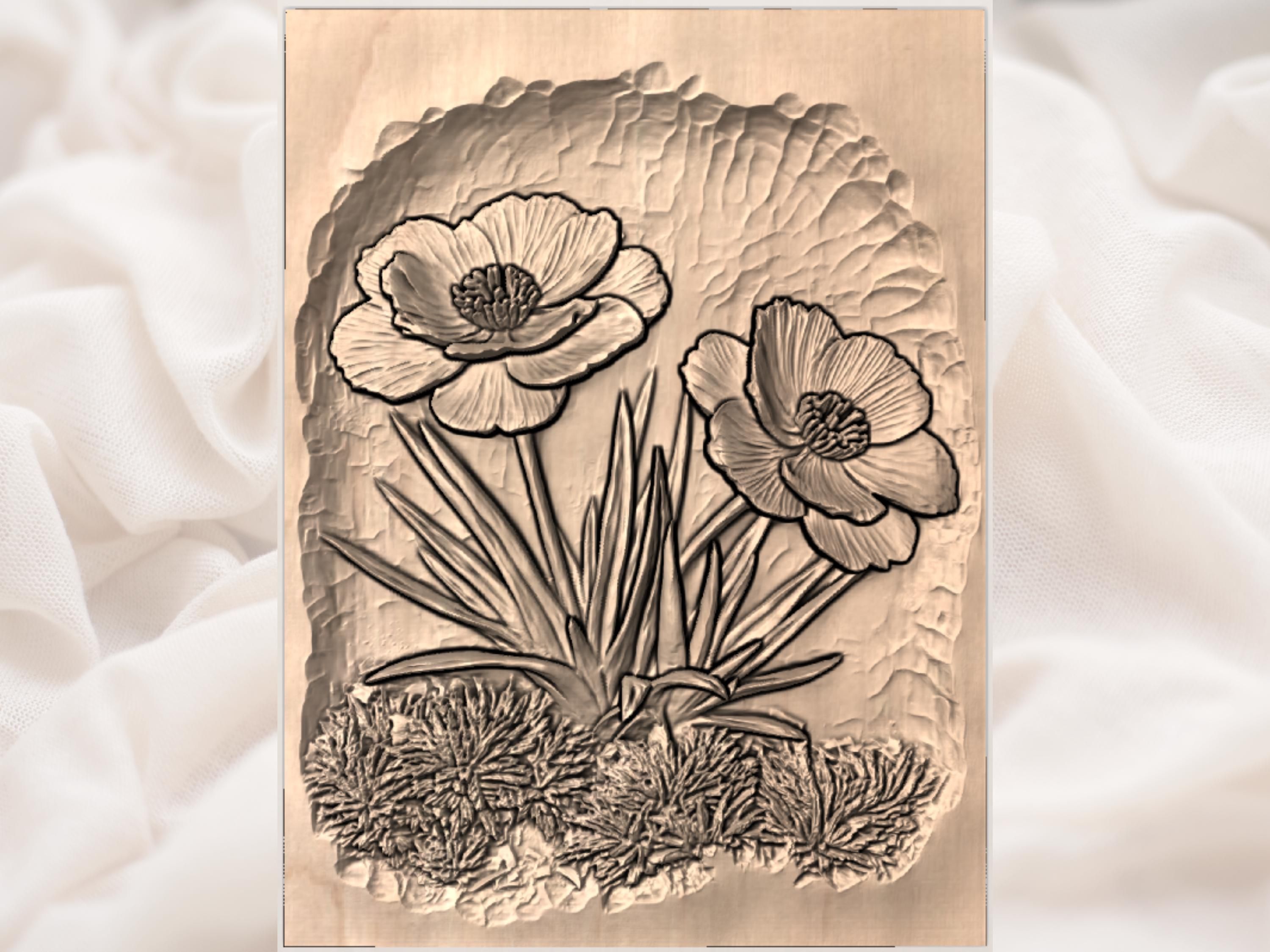 Blue Anemone Wildflowers Bas-Relief STL for CNC Carving bas-relief STL — view 3