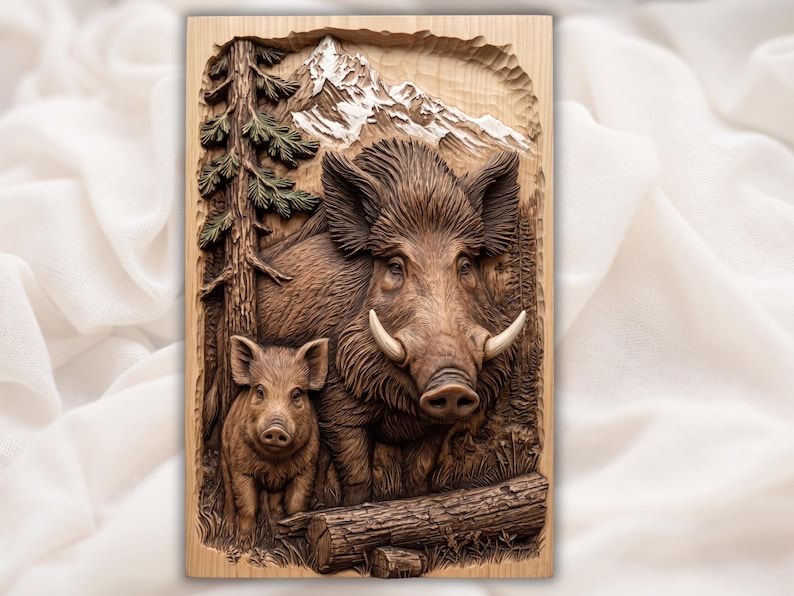 Carved wood bas-relief of a tusked wild boar and piglet with pine tree, fallen log, and snowy mountain peaks.