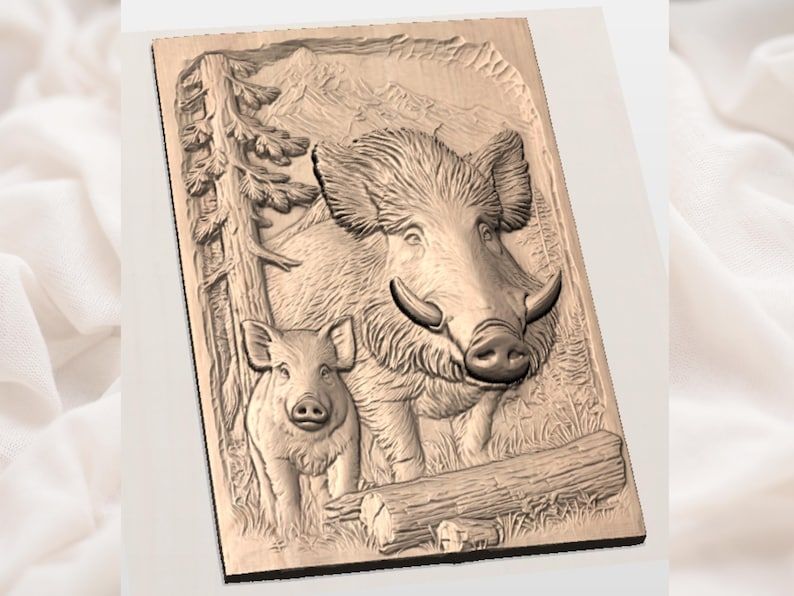 Wild Boar and Piglet Mountain Forest Bas-Relief STL bas-relief STL — view 2