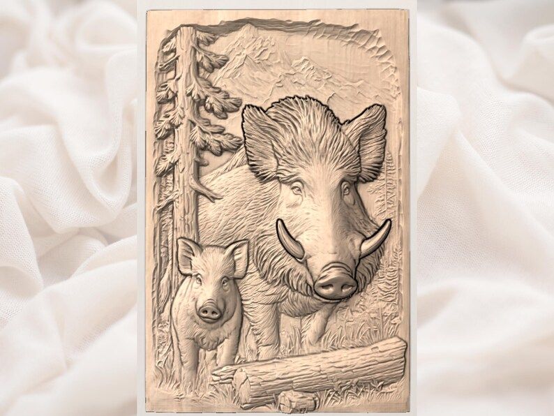 Wild Boar and Piglet Mountain Forest Bas-Relief STL bas-relief STL — view 3