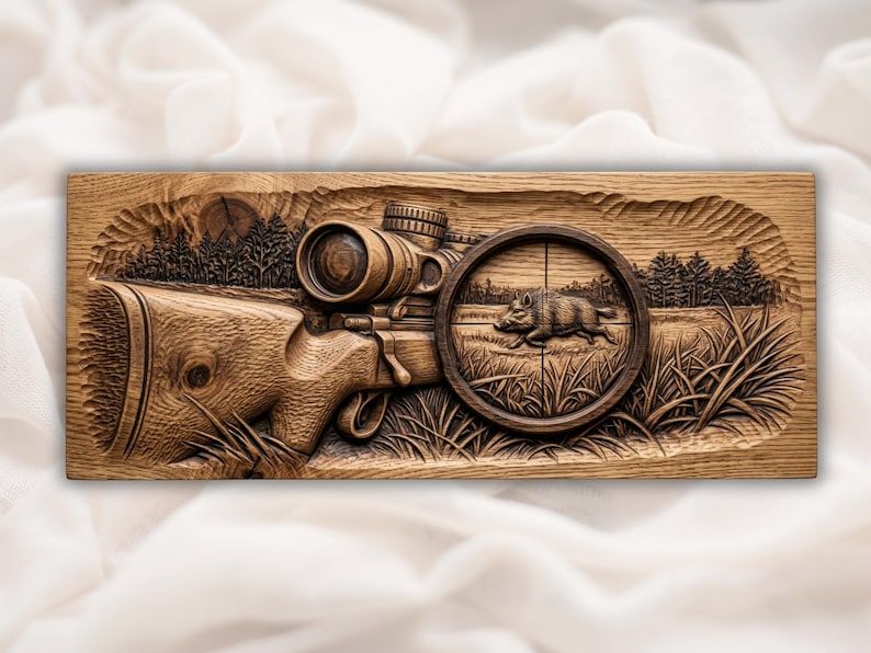 Carved wood relief of a scoped bolt-action rifle with a wild boar centered in the scope crosshairs over grass and pines