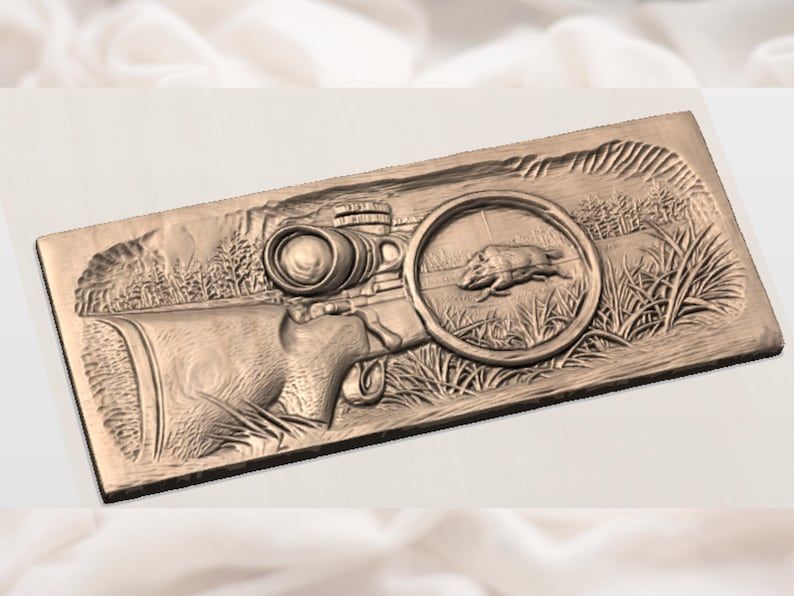 Bolt-Action Rifle and Wild Boar Scope Scene Bas-Relief STL bas-relief STL — view 2