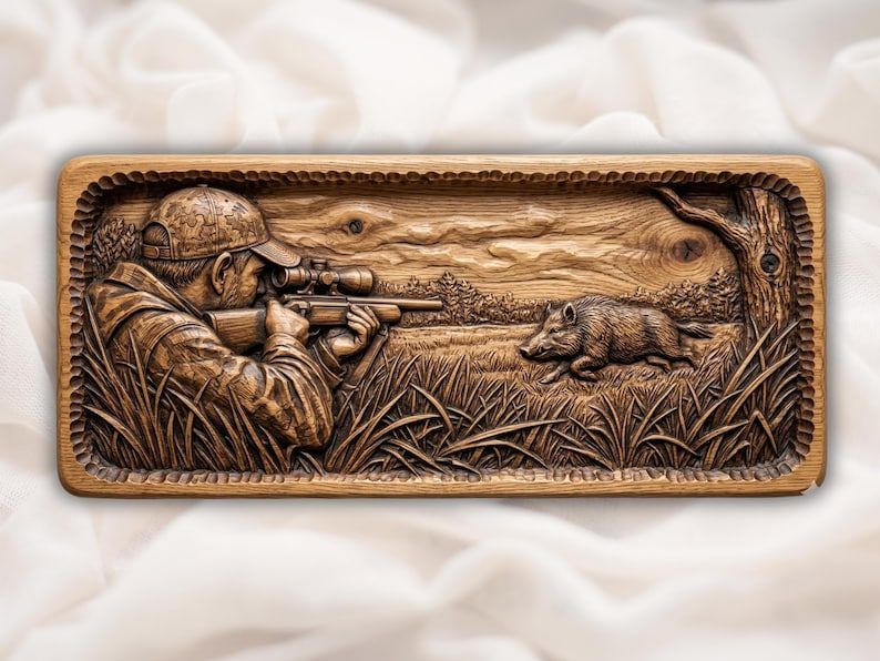 Carved wood relief of a hunter aiming a scoped rifle at a charging wild boar in tall grass