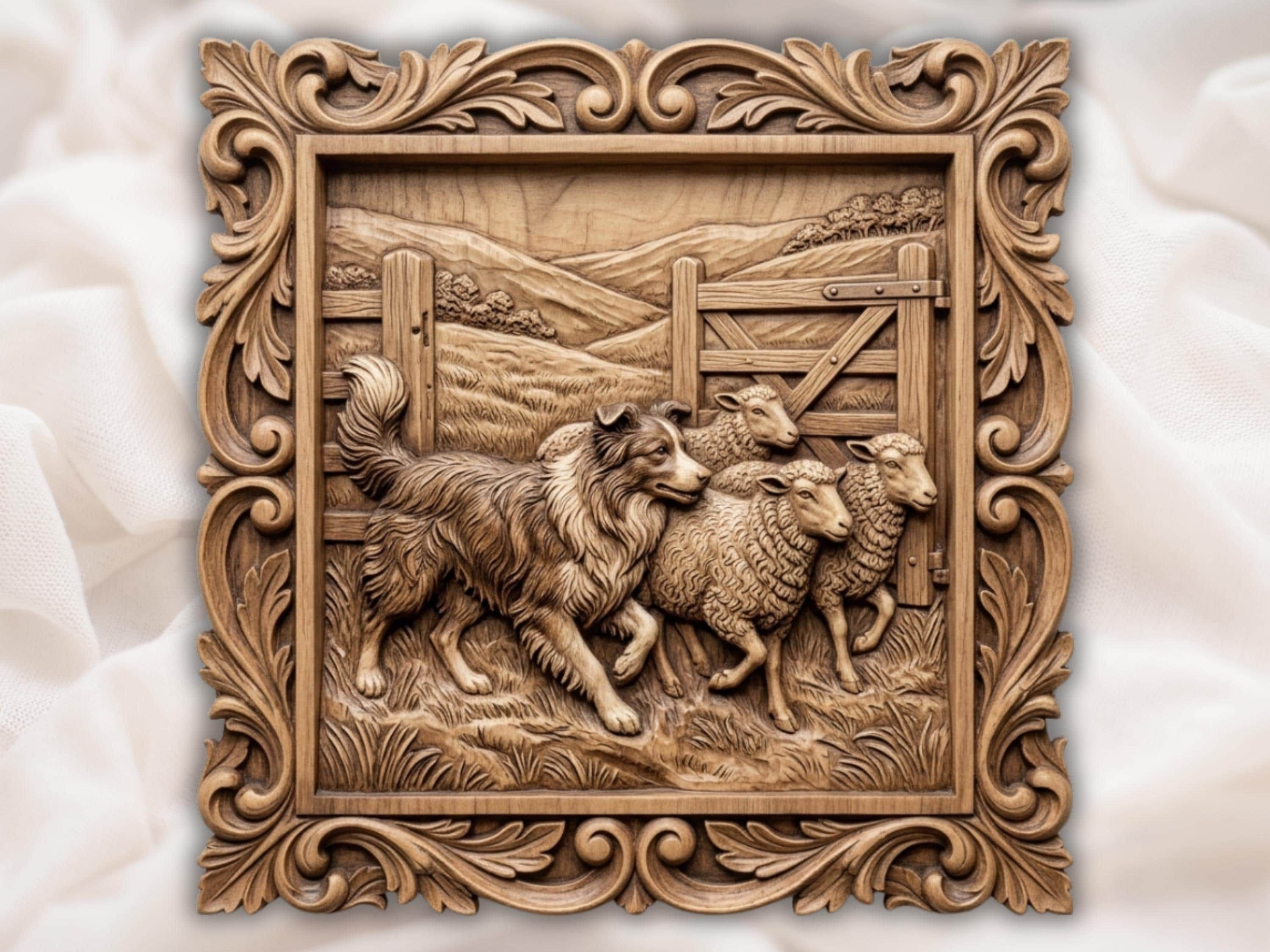 Border Collie Herding Sheep CNC Wood Carving STL Relief bas-relief STL file for CNC router, laser engraver & 3D printing