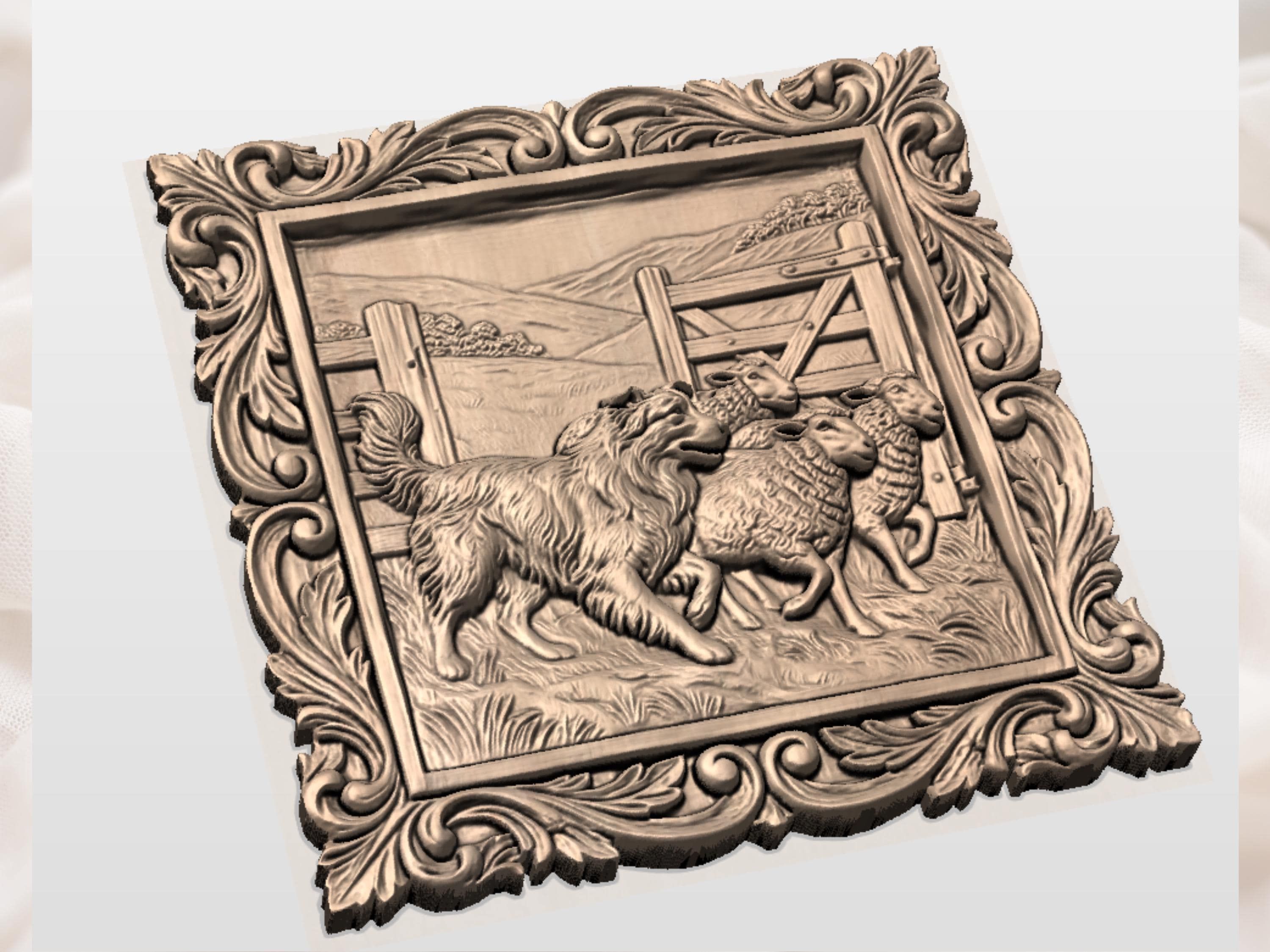 Border Collie Herding Sheep CNC Wood Carving STL Relief bas-relief STL — view 2