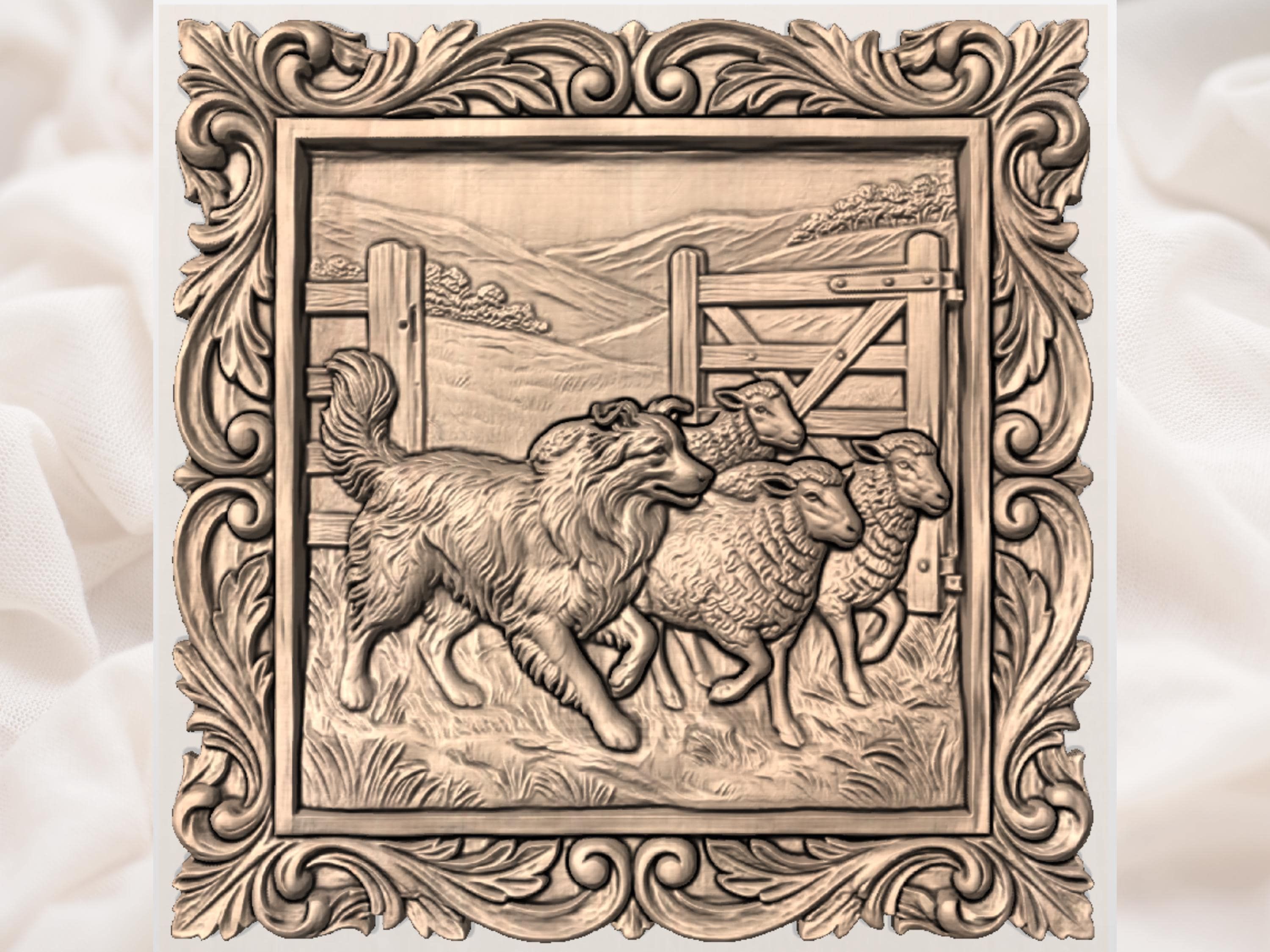 Border Collie Herding Sheep CNC Wood Carving STL Relief bas-relief STL — view 3