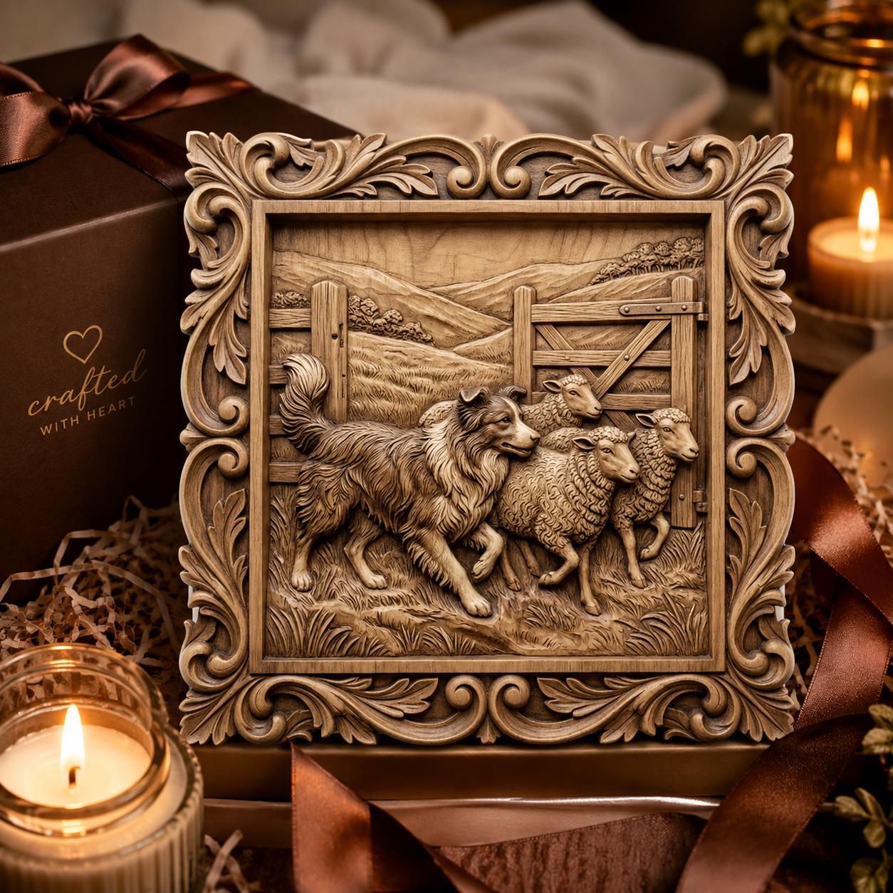Border Collie Herding Sheep CNC Wood Carving STL Relief bas-relief STL — view 6
