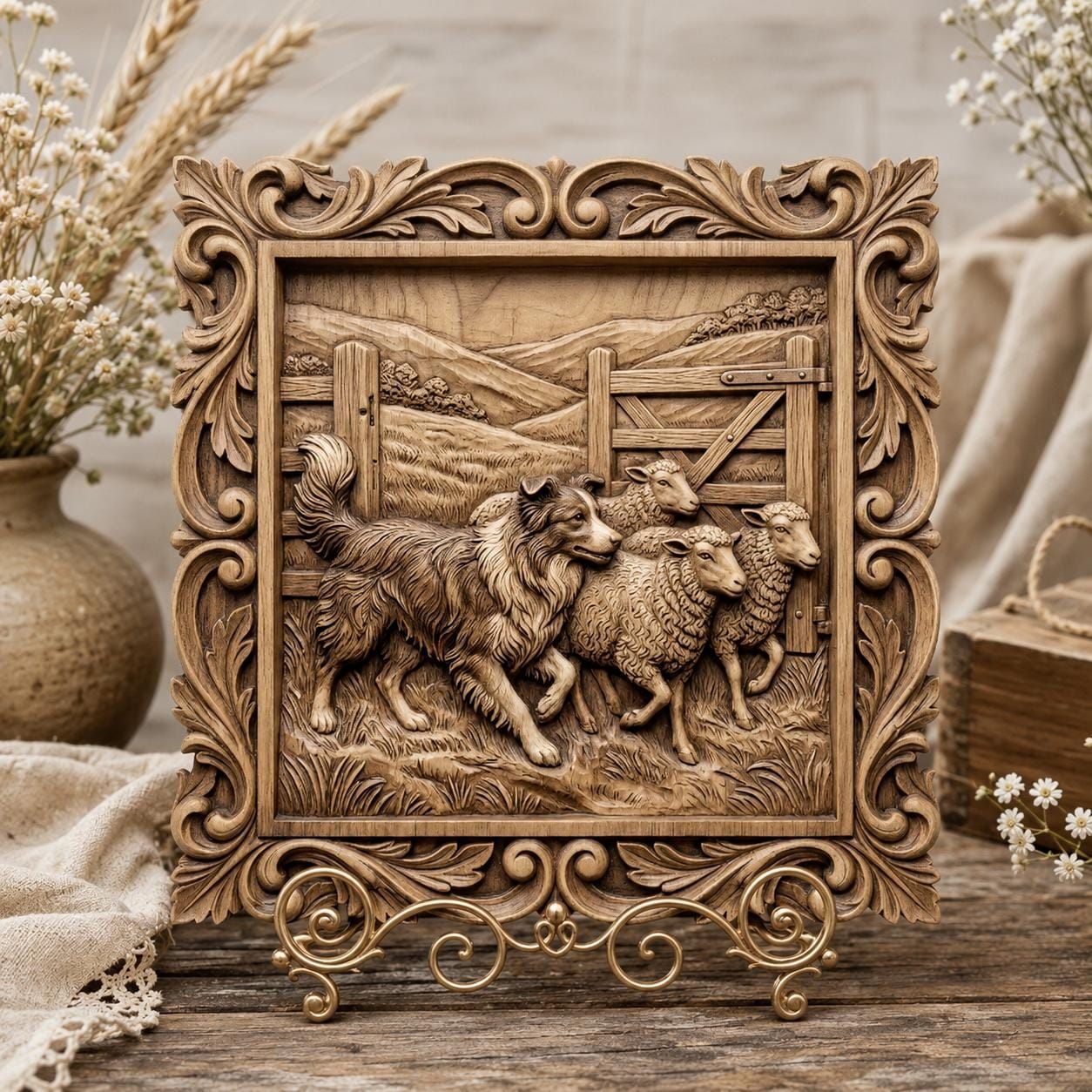 Border Collie Herding Sheep CNC Wood Carving STL Relief bas-relief STL — view 8