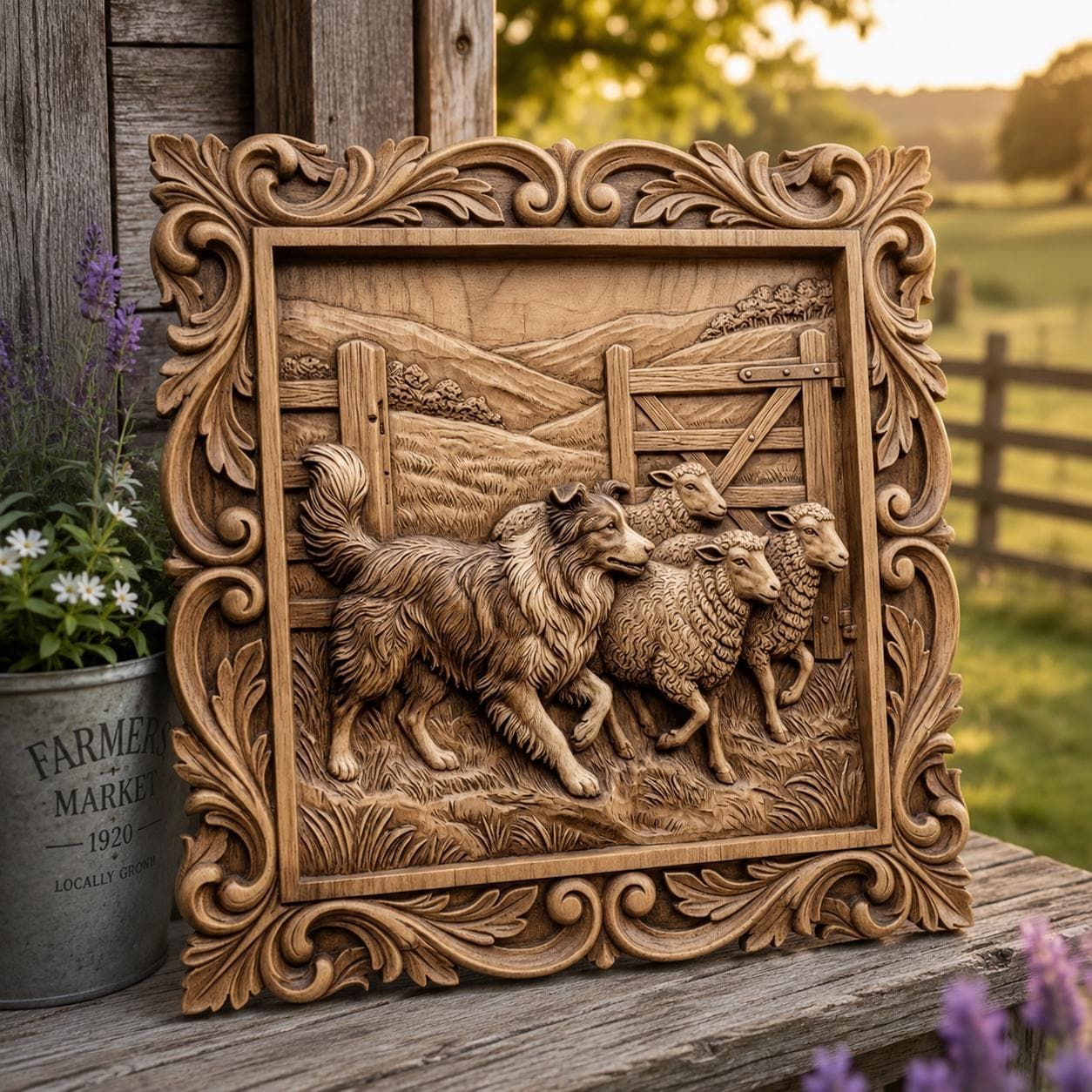 Border Collie Herding Sheep CNC Wood Carving STL Relief bas-relief STL — view 9