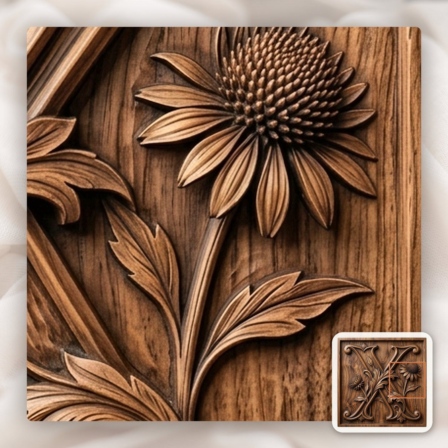 Botanical Floral Letter X Monogram CNC Relief STL bas-relief STL — view 10