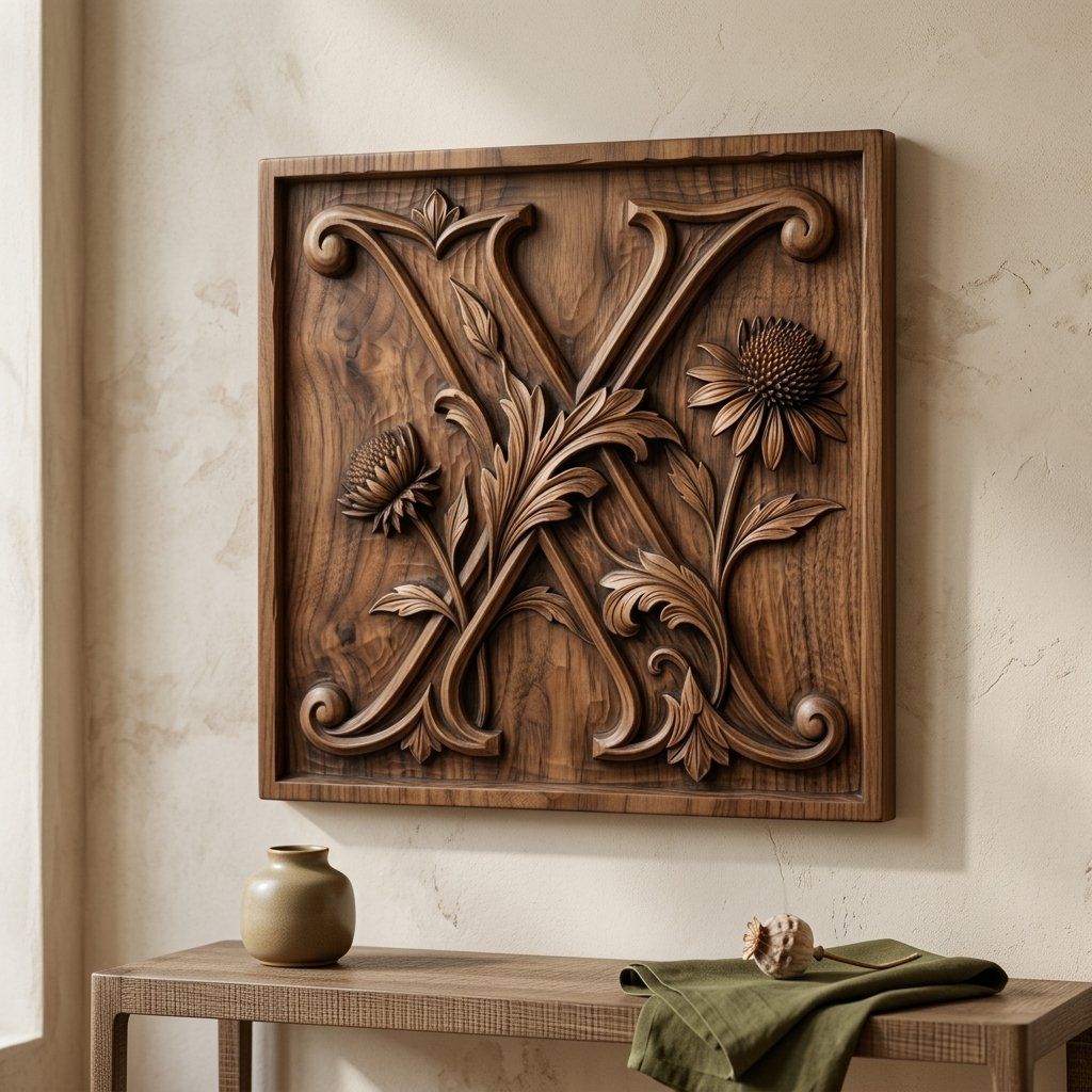 Botanical Floral Letter X Monogram CNC Relief STL bas-relief STL — view 12