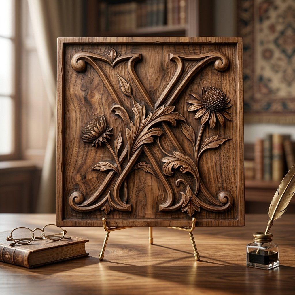 Botanical Floral Letter X Monogram CNC Relief STL bas-relief STL — view 13