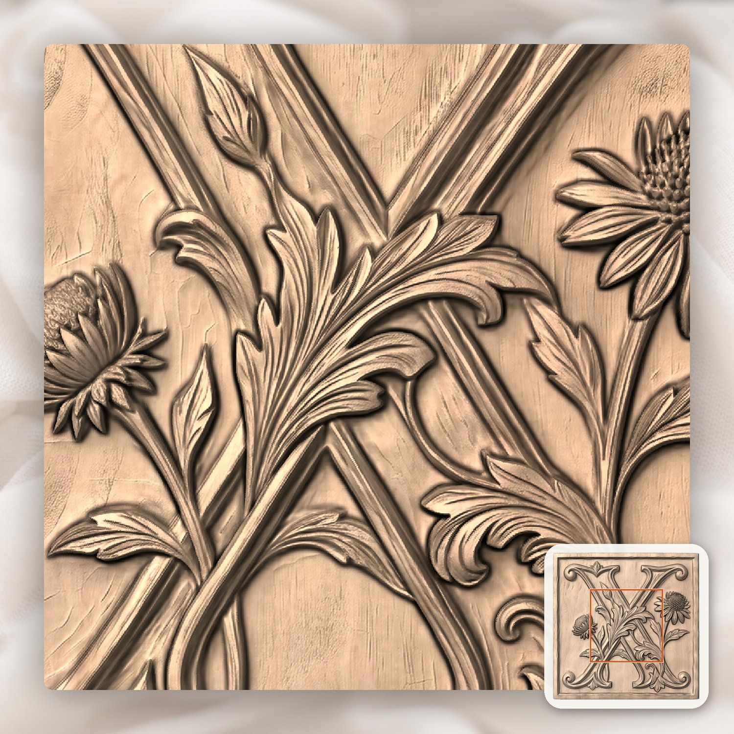 Botanical Floral Letter X Monogram CNC Relief STL bas-relief STL — view 4
