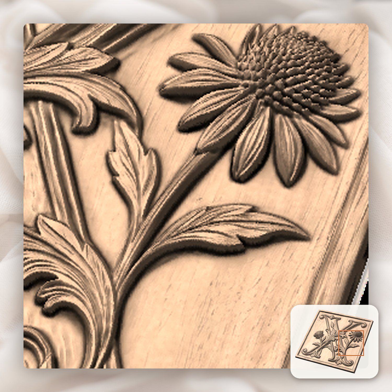Botanical Floral Letter X Monogram CNC Relief STL bas-relief STL — view 8