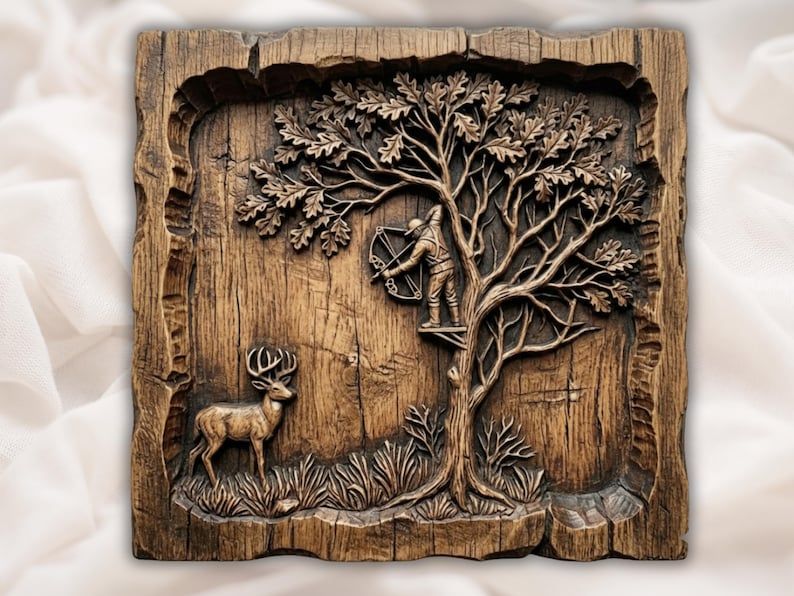 Carved wood relief of a bowhunter in an oak tree aiming at a whitetail buck below, inside a rustic frame
