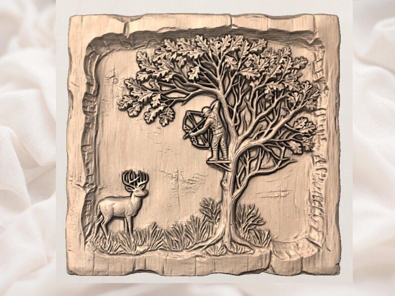 Bow Hunter in a Tree Stand with Whitetail Deer Relief STL bas-relief STL — view 2