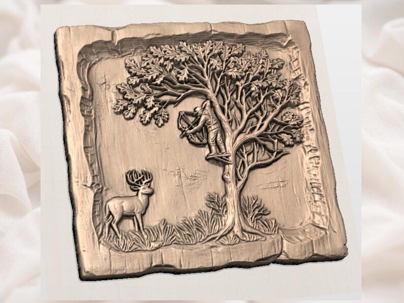 Bow Hunter in a Tree Stand with Whitetail Deer Relief STL bas-relief STL — view 3